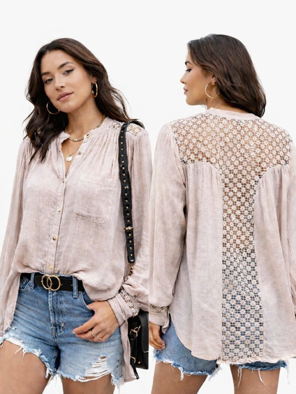 Free People The Best Blouse Lace Insert Embroidered Flowy Boho Blouse Mocha M